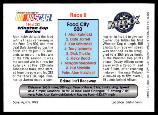 Race 6 1993 Maxx Premier Plus Base Back of Card