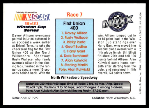 Race 7 1993 Maxx Premier Plus Base Back of Card