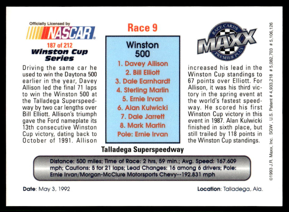 Race 9 1993 Maxx Premier Plus Base Back of Card