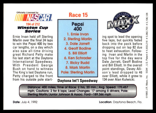 Race 15 1993 Maxx Premier Plus Base Back of Card