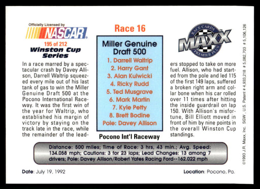 Race 16 1993 Maxx Premier Plus Base Back of Card