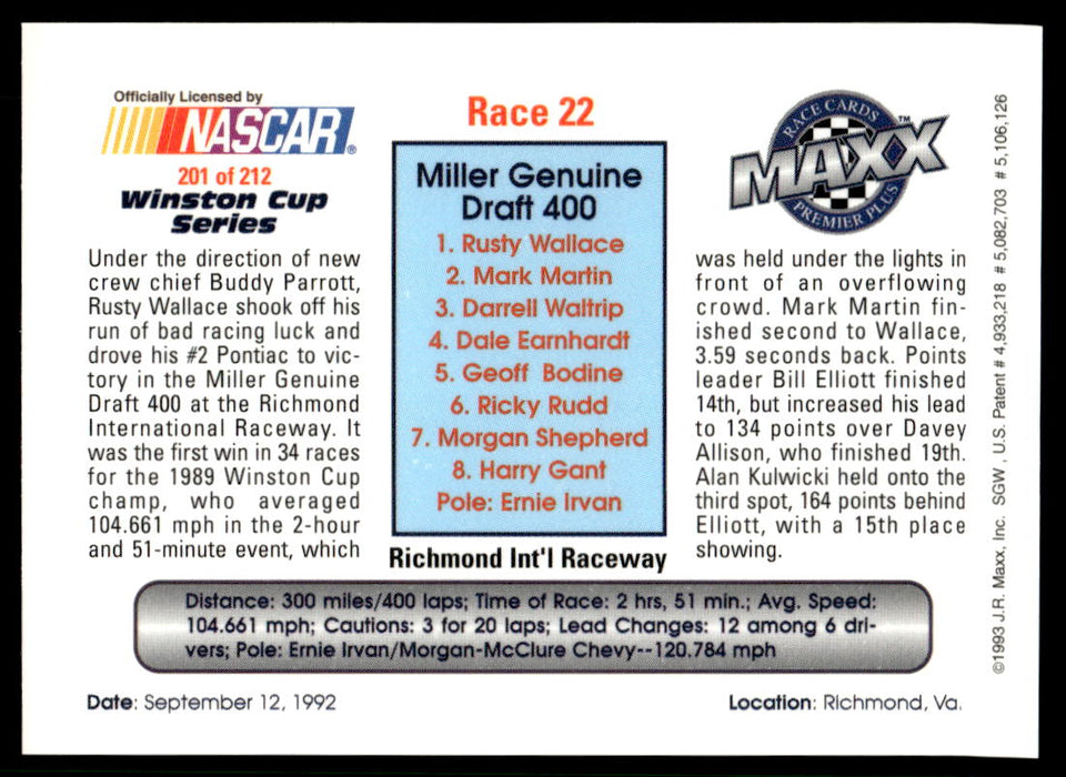 Race 22 1993 Maxx Premier Plus Base Back of Card