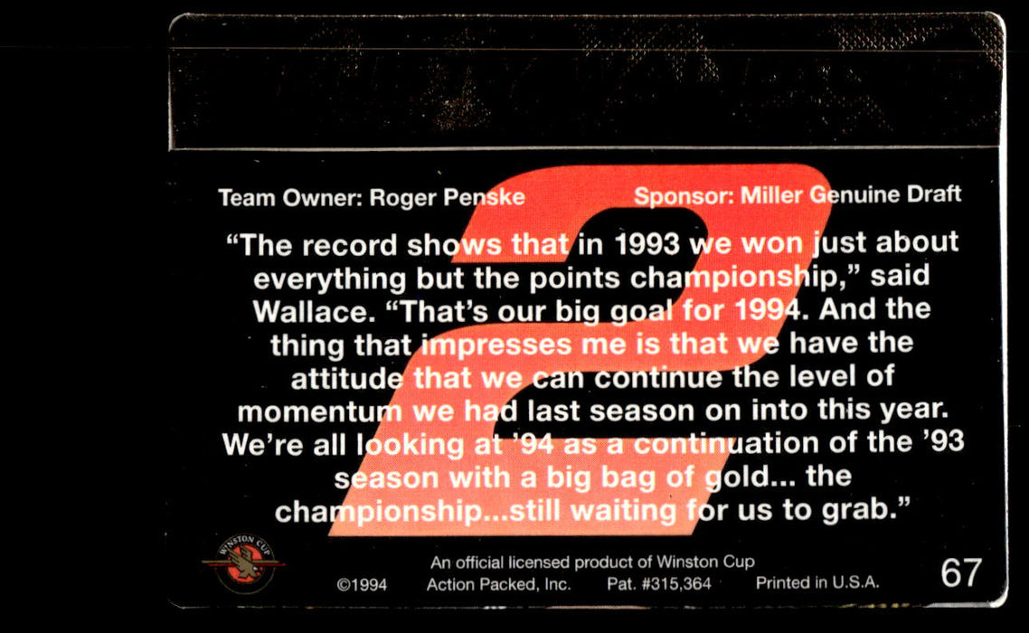 Rusty Wallace 1994 Action Packed Back of Card
