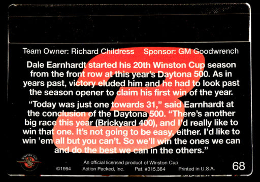 Dale Earnhardt 1994 Action Packed Back of Card
