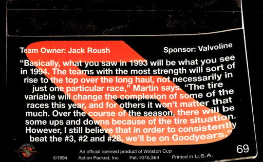 Mark Martin 1994 Action Packed Back of Card