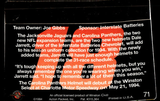 Dale Jarrett 1994 Action Packed Back of Card