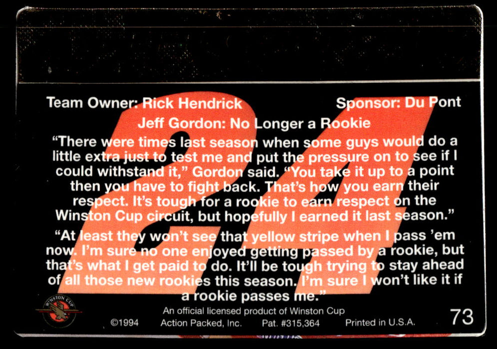 Jeff Gordon 1994 Action Packed Back of Card