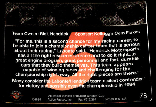 Terry Labonte 1994 Action Packed Back of Card