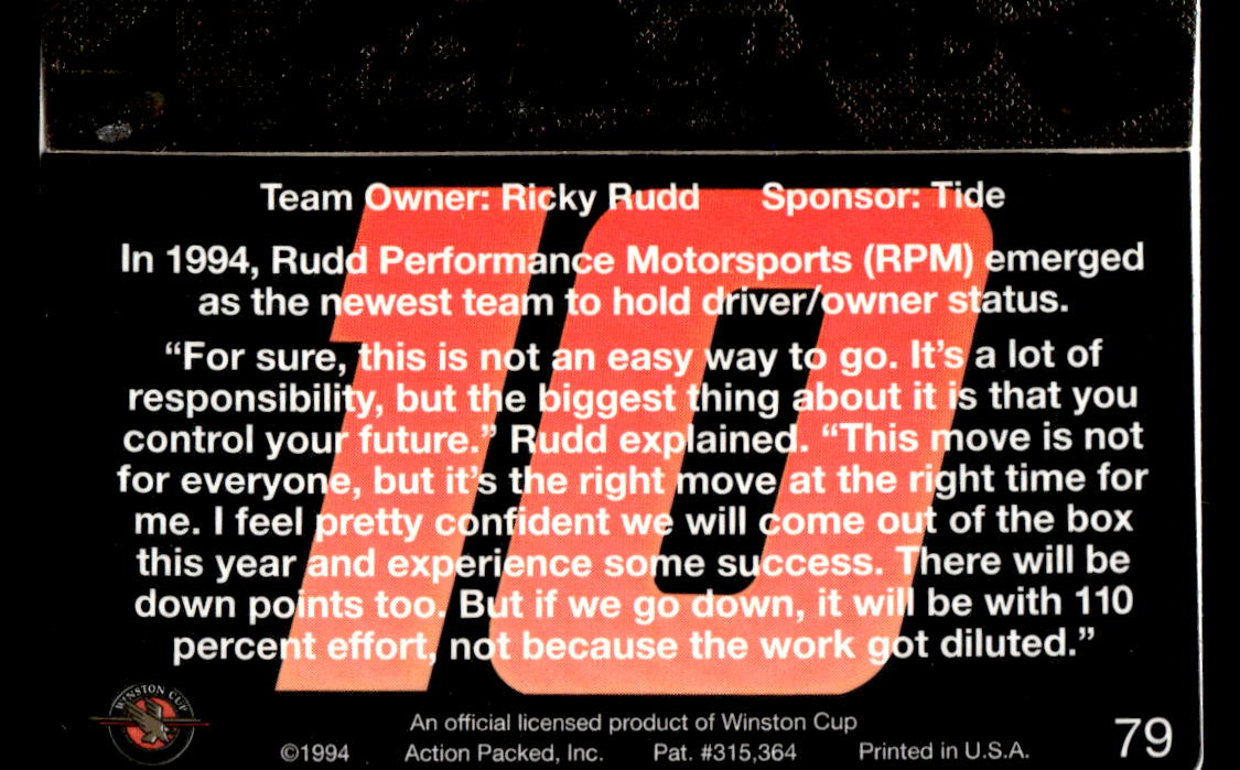 Ricky Rudd 1994 Action Packed Back of Card