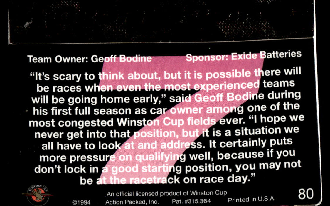 Geoff Bodine 1994 Action Packed Back of Card