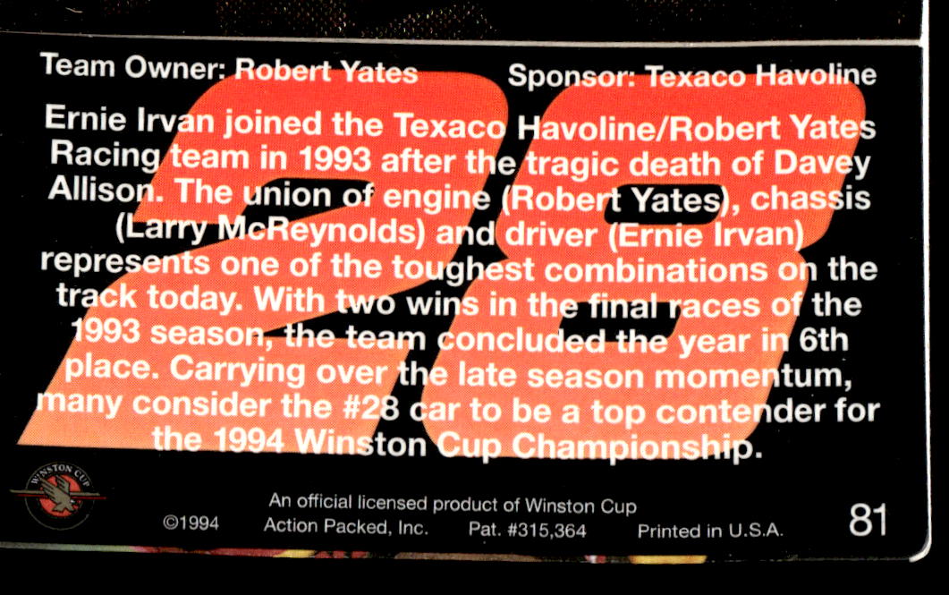 Ernie Irvan 1994 Action Packed Back of Card