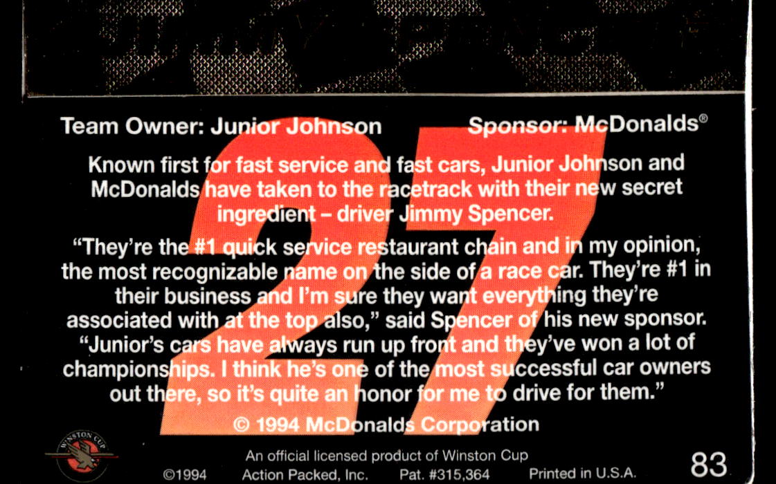 Jimmy Spencer 1994 Action Packed Back of Card