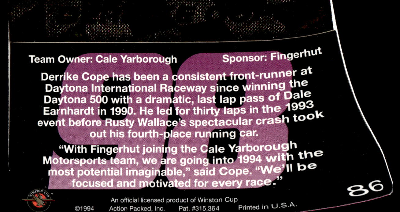 Derrike Cope 1994 Action Packed Back of Card