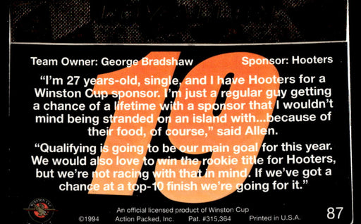 Loy Allen 1994 Action Packed Back of Card