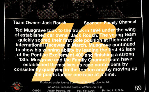 Ted  Musgrave 1994 Action Packed Back of Card