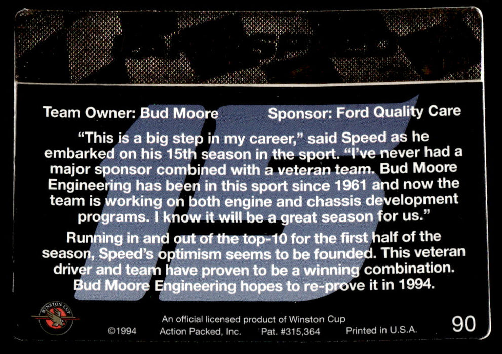 Lake Speed 1994 Action Packed Back of Card