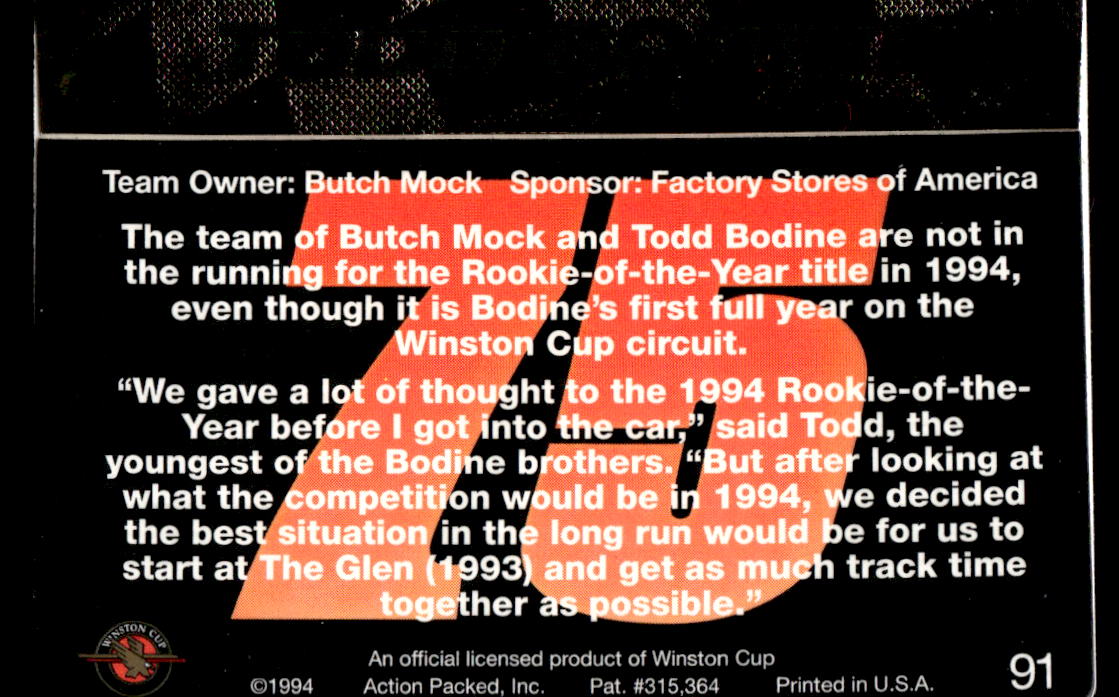 Todd Bodine 1994 Action Packed Back of Card