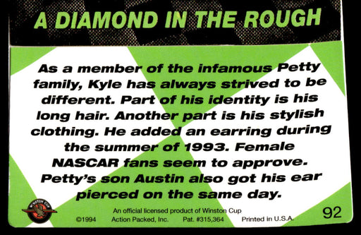 Kyle Petty 1994 Action Packed Back of Card
