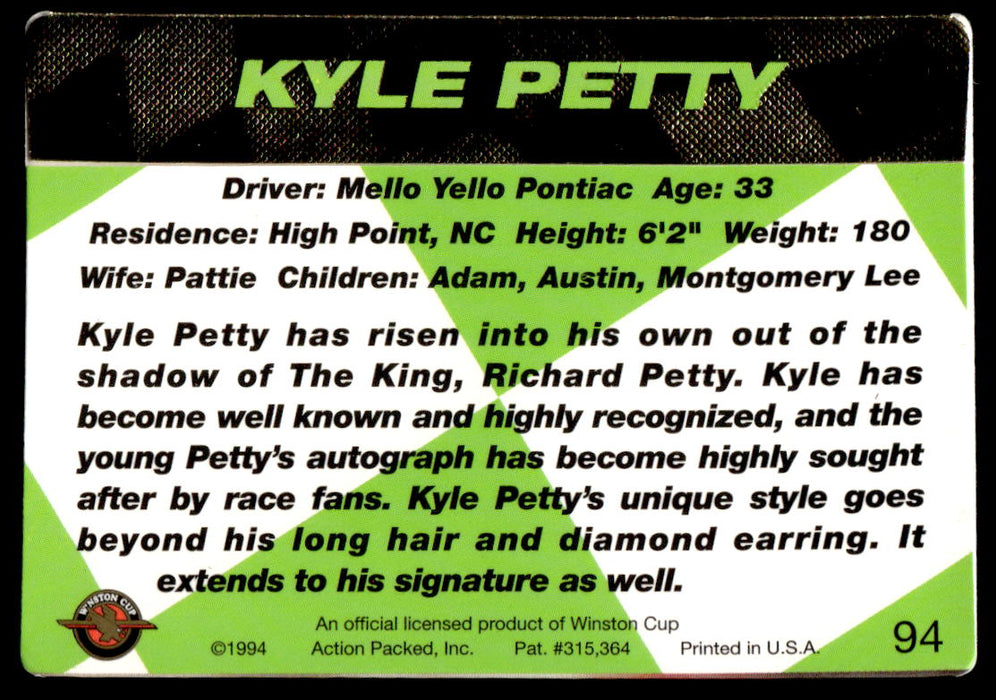 Kyle Petty 1994 Action Packed Back of Card