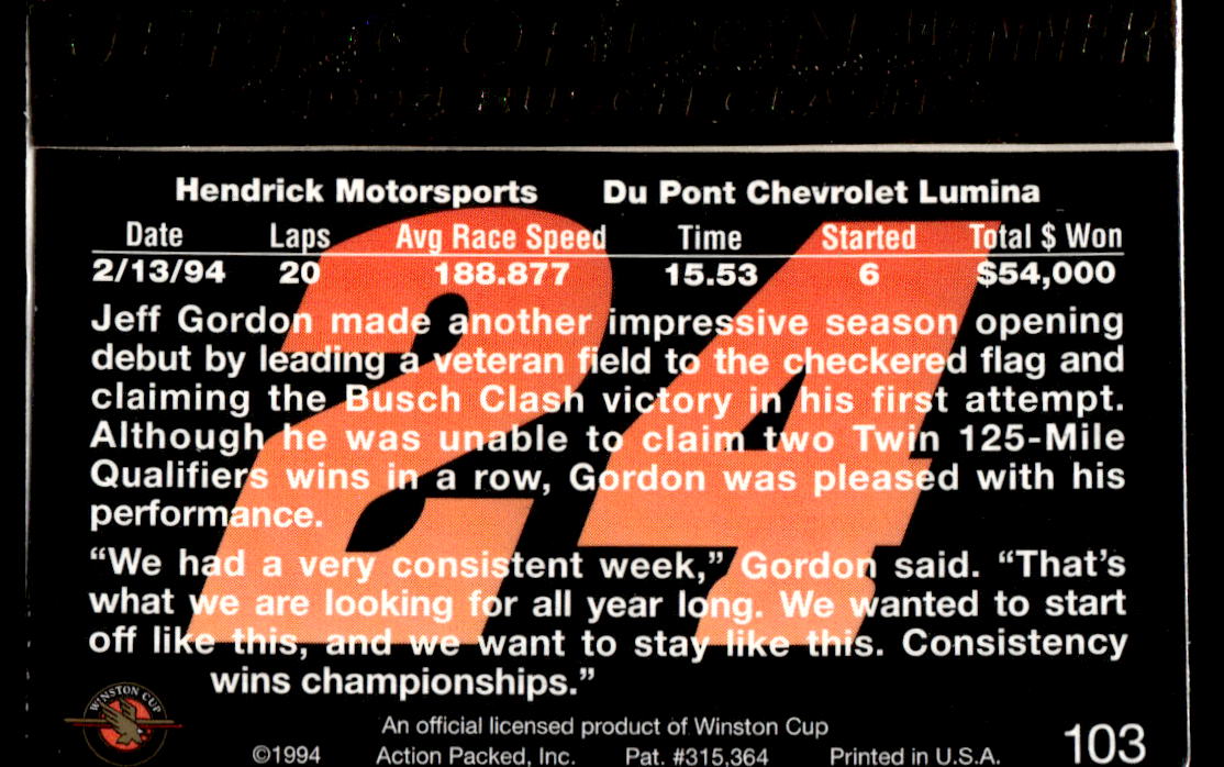 Jeff Gordon 1994 Action Packed Back of Card
