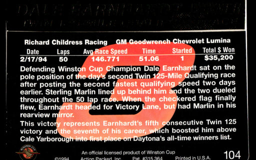 Dale Earnhardt 1994 Action Packed Back of Card