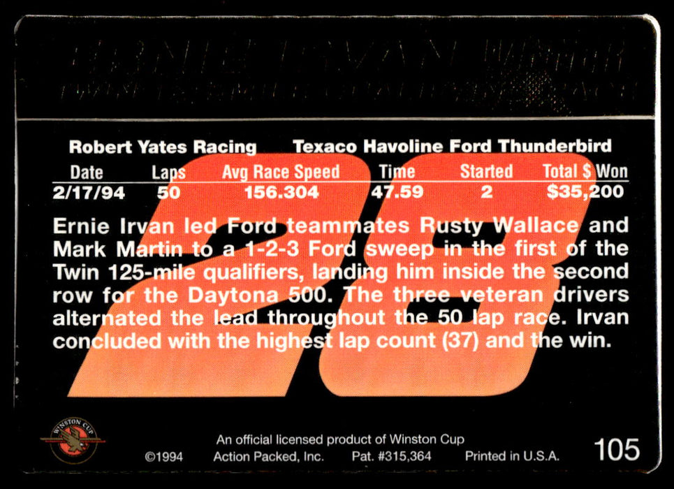 Ernie Irvan 1994 Action Packed Back of Card