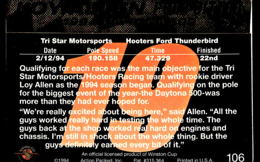 Loy Allen 1994 Action Packed Back of Card