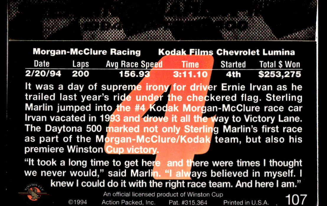 Sterling Marlin 1994 Action Packed Back of Card