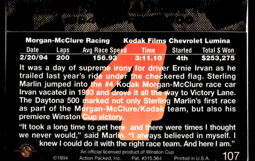 Sterling Marlin 1994 Action Packed Back of Card
