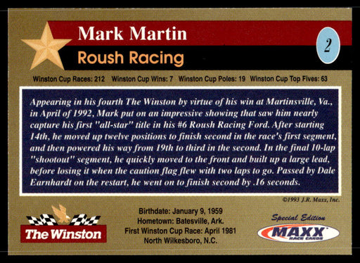 Mark Martin 1993 Maxx The Winston Base Back of Card