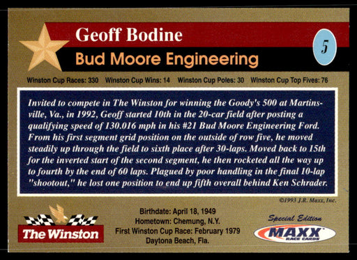 Geoff Bodine 1993 Maxx The Winston Base Back of Card