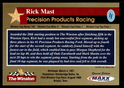 Rick Mast 1993 Maxx The Winston Base Back of Card