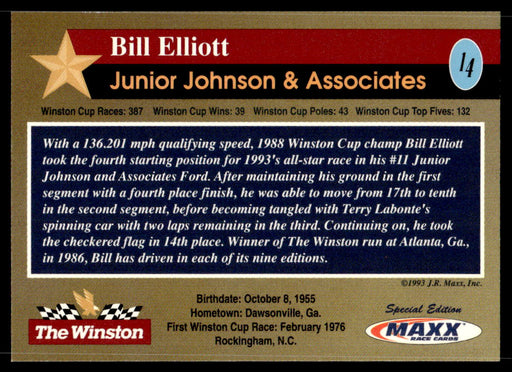 Bill Elliott 1993 Maxx The Winston Base Back of Card