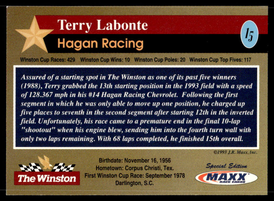 Terry Labonte 1993 Maxx The Winston Base Back of Card