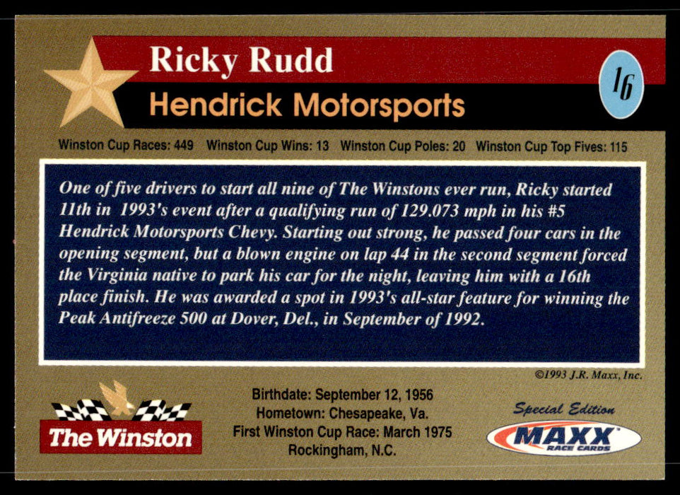 Ricky Rudd Card Ricky Rudd 1993 Maxx The Winston # 16 Base — Collectible Craze America