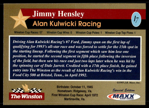 Jimmy Hensley 1993 Maxx The Winston Base Back of Card