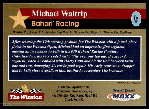 Michael Waltrip 1993 Maxx The Winston Base Back of Card