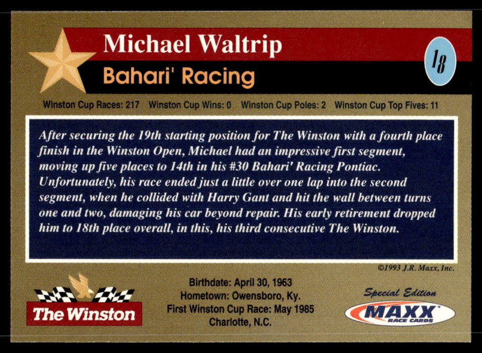 Michael Waltrip 1993 Maxx The Winston Base Back of Card