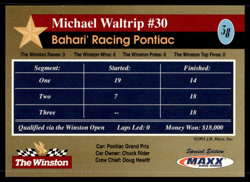 Michael Waltrip #30 1993 Maxx The Winston Base Back of Card