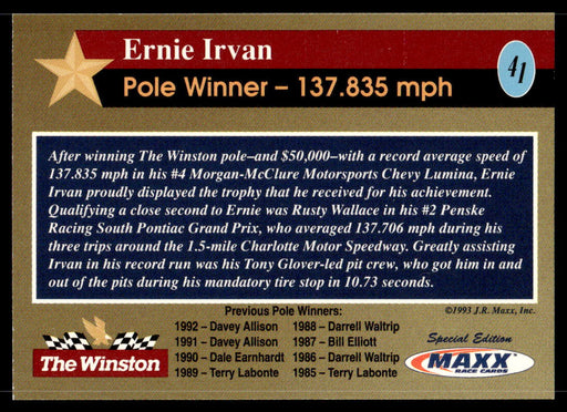 Ernie Irvan 1993 Maxx The Winston Base Back of Card