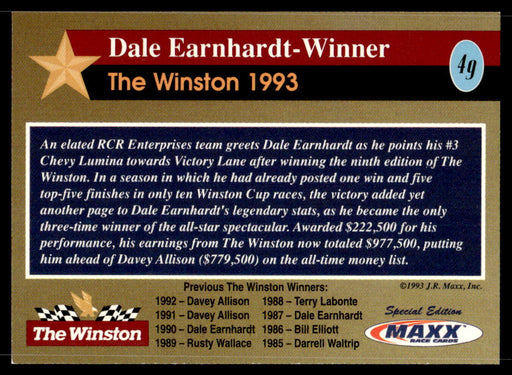 Dale Earnhardt - Winner 1993 Maxx The Winston Base Back of Card