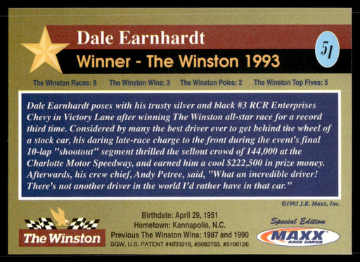 Dale Earnhardt 1993 Maxx The Winston Chromium Back of Card