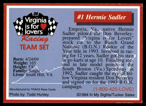 Hermie Sadler 1994 Traks Virginia is for Lovers Base Back of Card