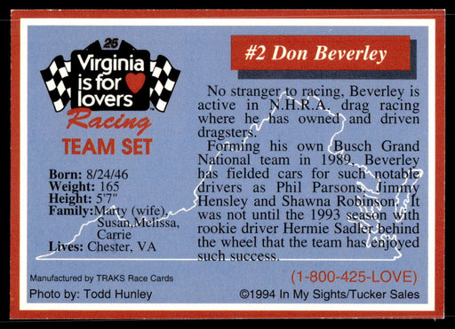 Don Beverley 1994 Traks Virginia is for Lovers Base Back of Card