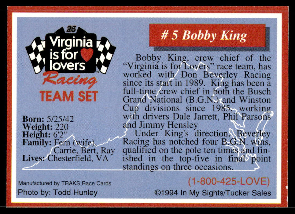 Bobby King 1994 Traks Virginia is for Lovers Base Back of Card