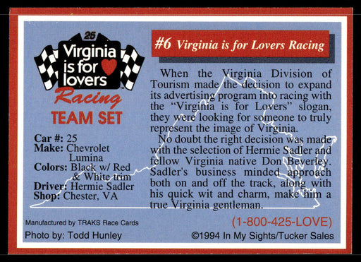 Virginia is for Lovers Racing 1994 Traks Virginia is for Lovers Base Back of Card