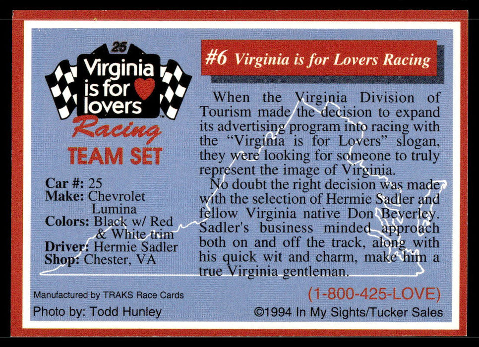 Virginia is for Lovers Racing 1994 Traks Virginia is for Lovers Base Back of Card