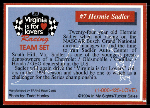 Hermie Sadler 1994 Traks Virginia is for Lovers Base Back of Card