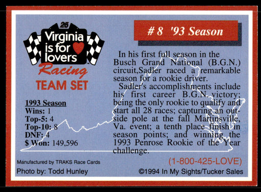 93 Season 1994 Traks Virginia is for Lovers Base Back of Card