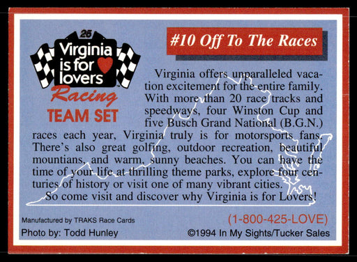 Off To the Races 1994 Traks Virginia is for Lovers Base Back of Card